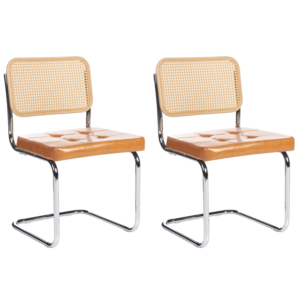 Set di 2 sedie da pranzo in ecopelle marrone con base a sbalzo in metallo stile vintage retrò