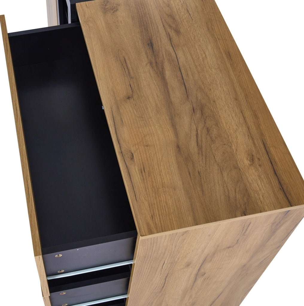 Credenza con LED APP; 3 cassetti; 1 anta e ripiani in vetro 140x40x80 cm; nero/marrone