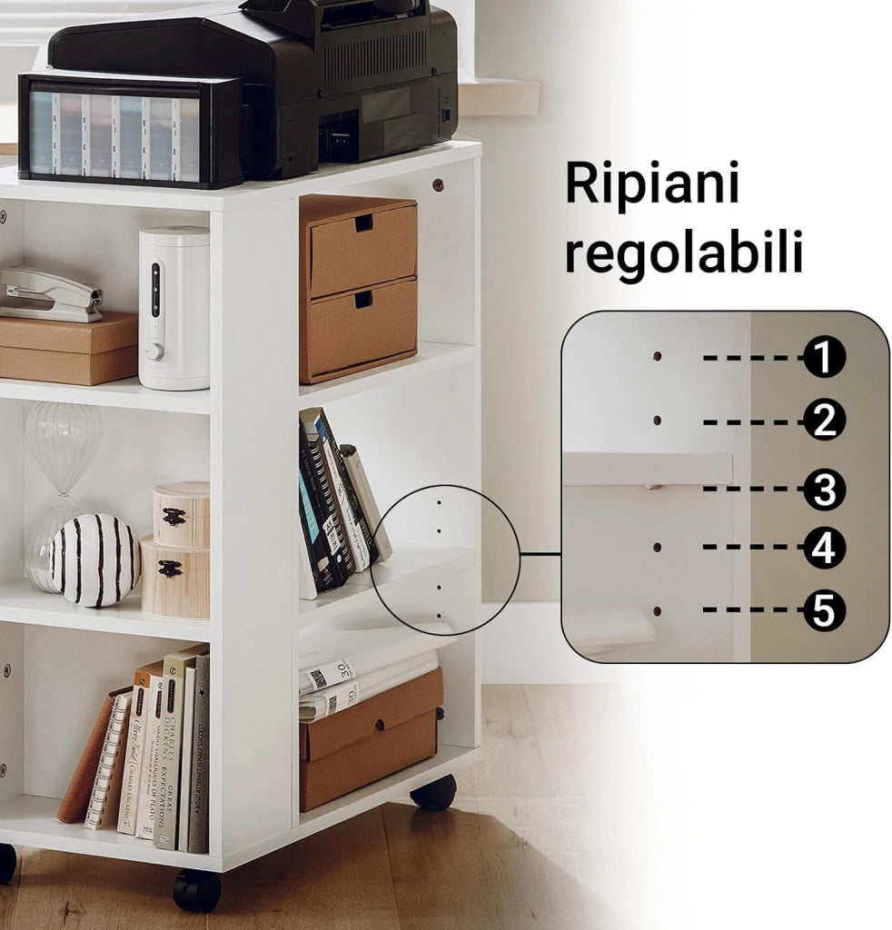 Cassettiera Ufficio da Scrivania Porta Stampante su Ruote Schedario da Ufficio con Ripiani Regolabili Mobiletto Portaoggetti Mobiletto Salvaspazio Bianco 60x35x75cm FBT68-W