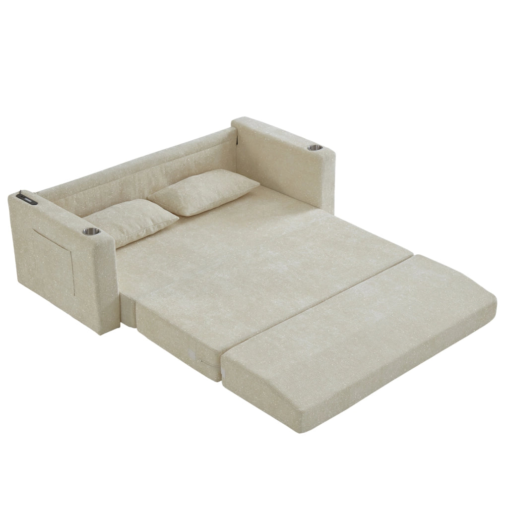 Divano letto 2 posti pieghevole con USB; portabicchieri e tasche laterali; beige