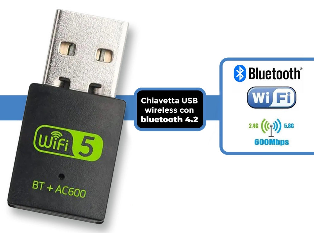 Adattatore USB Wi-Fi Dual Band 600 Mbps con Bluetooth 4.2 Chiavetta Wireless 2.4GHz e 5GHz Ricevitore Dongle 2 in 1 per PC Desktop e Notebook