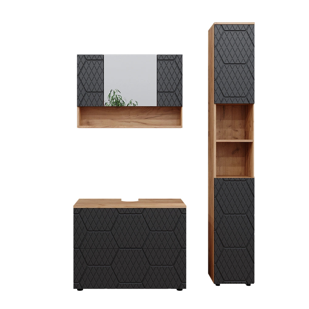 Vicco Set mobili bagno Antracite con struttura a nido d'ape 3 pezzi, con mobile a specchio 80 cm