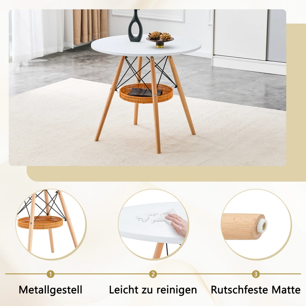 Tavolo da pranzo rotondo con cestello sospeso, 2-4 posti, in MDF e legno massiccio, per piccoli spazi, bianco, Ø 80 cm