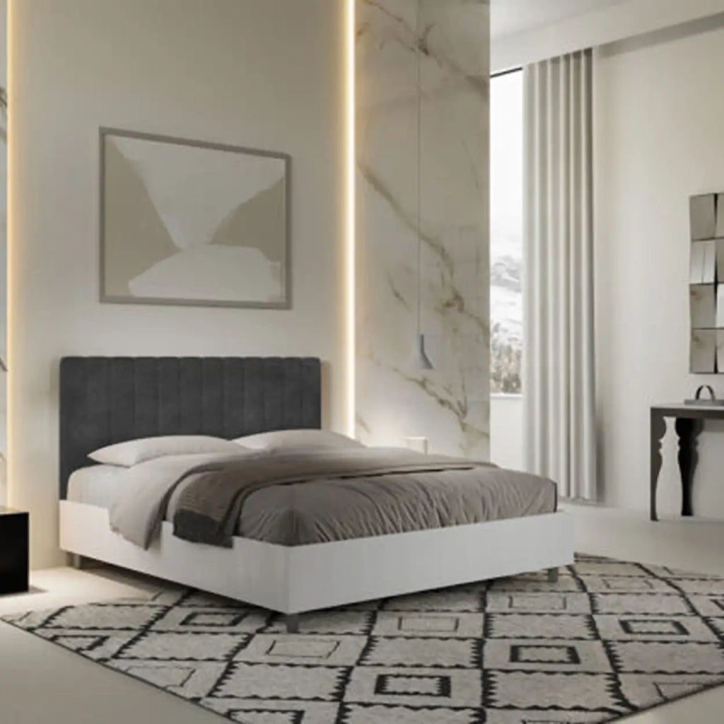Letto matrimoniale contenitore 160x200 bianco frassino testata microfibra grigio Kaia