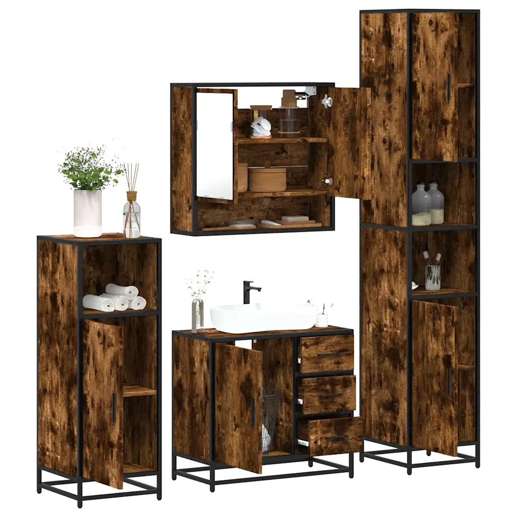 Set Mobili da Bagno 4 pz Rovere Fumo in Legno Multistrato