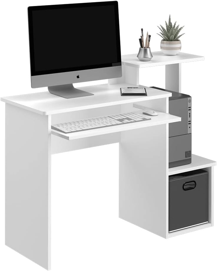 Scrivania con ripiani Karl, Bianco, 106 x 40 cm, con vani aperti e ripiano estraibile per tastiera