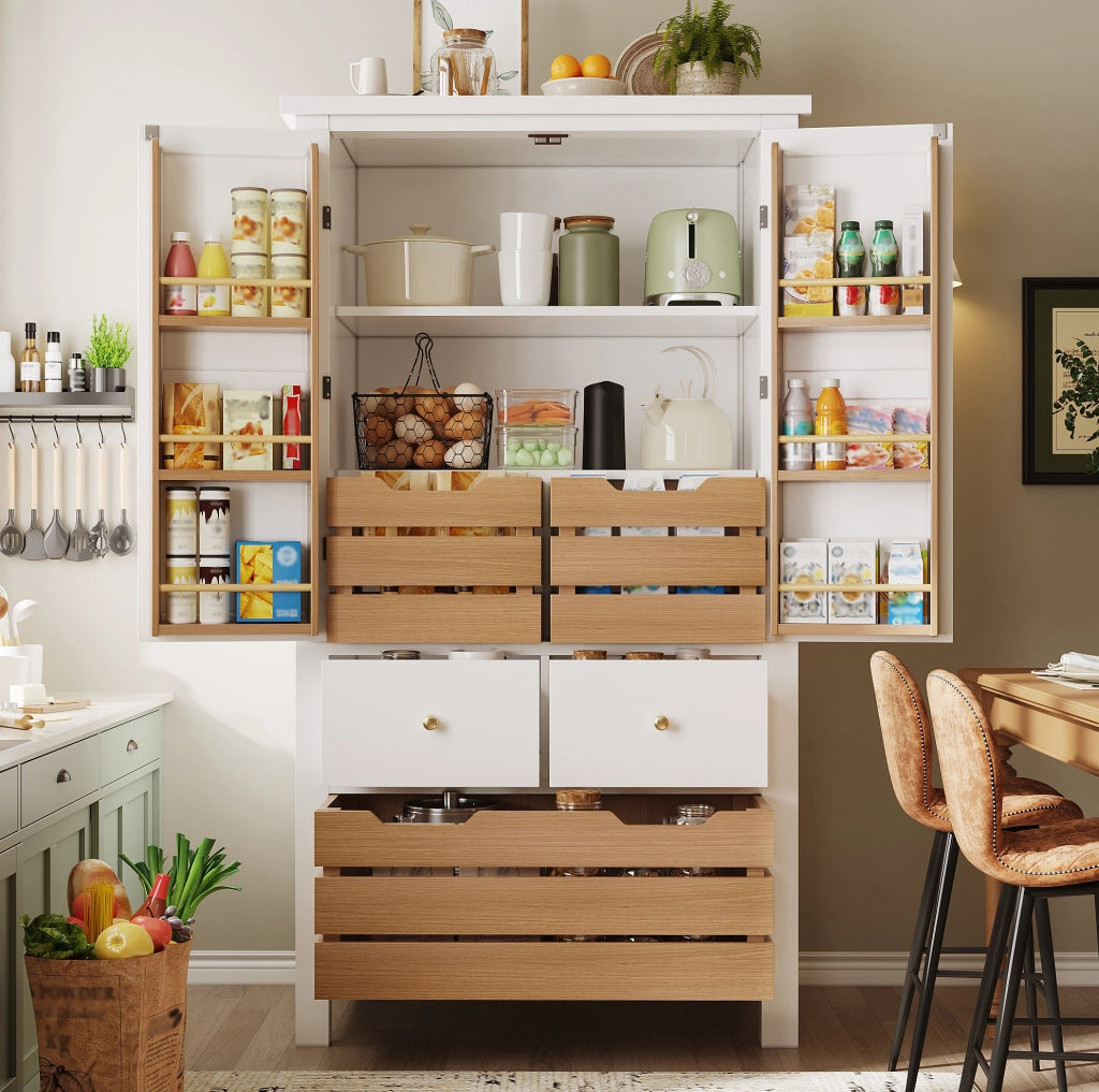 Credenza 80x40x140 cm con 5 cassetti; doppie ante e sicurezza antiribaltamento in MDF e PB bianco