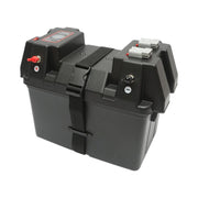 Cassetta per batteria auto 12V con voltmetro DC 6–36V, interruttore di circuito 16A, fusibile da 30A, 2 prese accendisigari, display LCD, 2 porte USB, 340 × 195 × 200 mm.