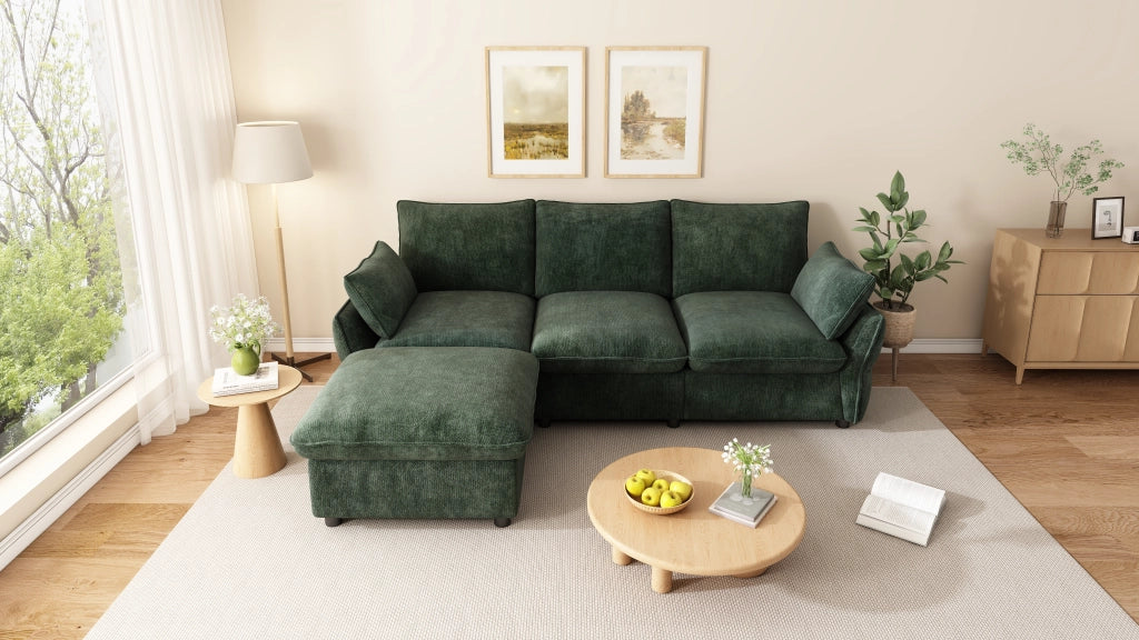 Divano angolare con pouf e 2 cuscini in ciniglia per soggiorno e appartamento verde scuro 222,5 × 154,5 × 76,5 cm