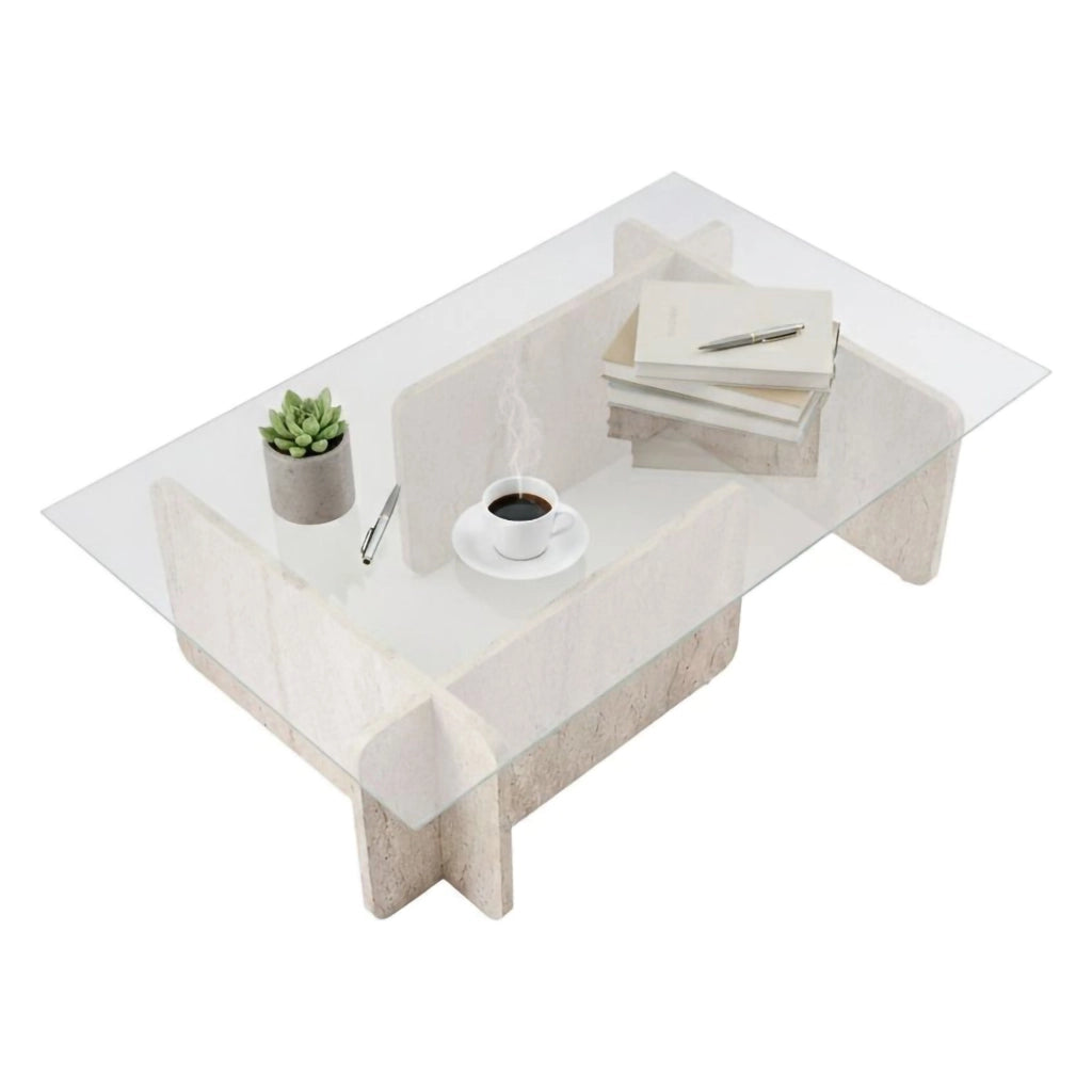 Rhysand, Tavolino da Salotto Portariviste, 105x65x30h cm Beige Marmo