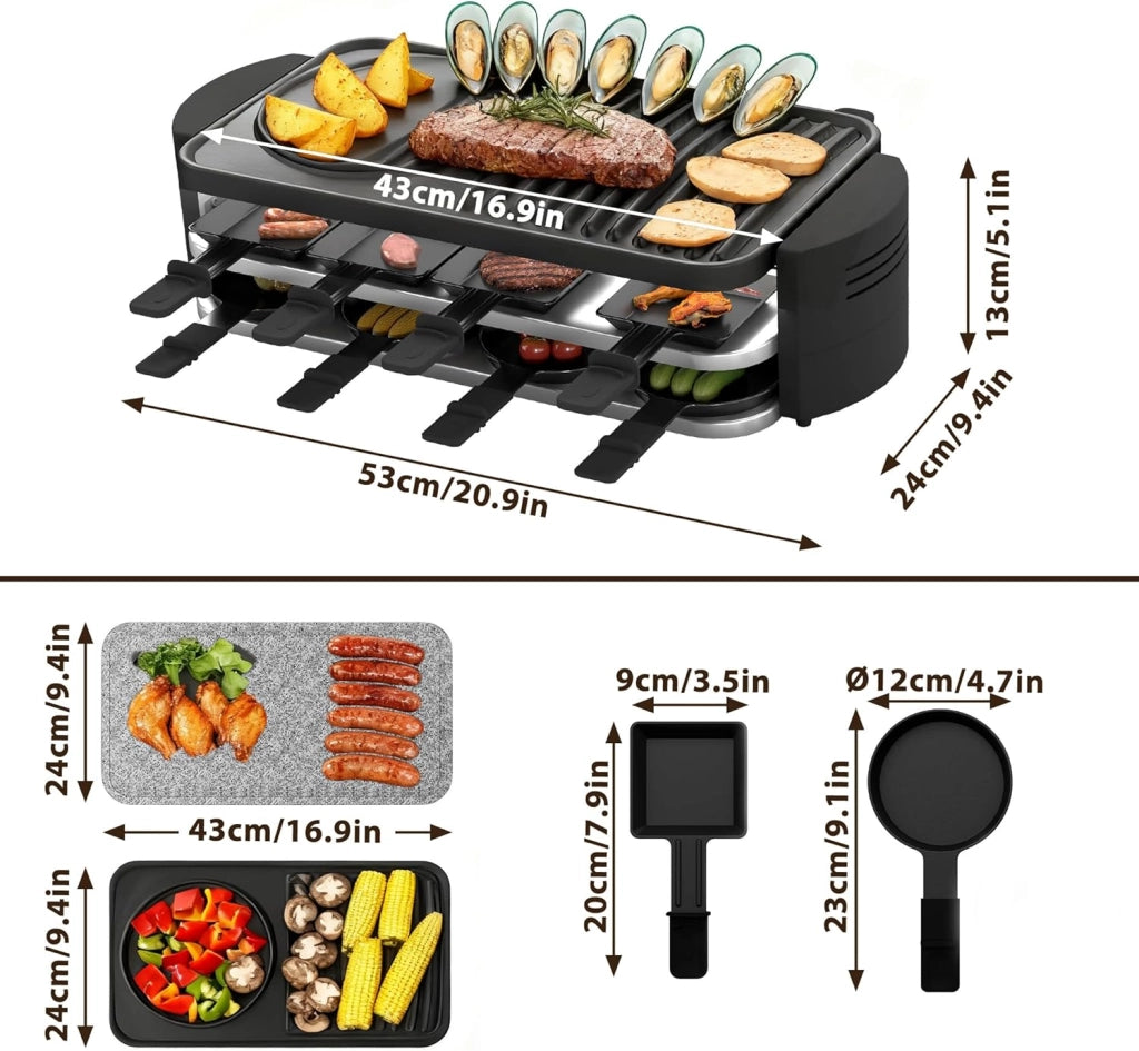 Raclette - Griglia per raclette per 8 persone, 1600 W, con 14 padelle, piastra in granito e piastra antiaderente, griglia elettrica da tavolo, per feste, griglia elettrica, regolazione della