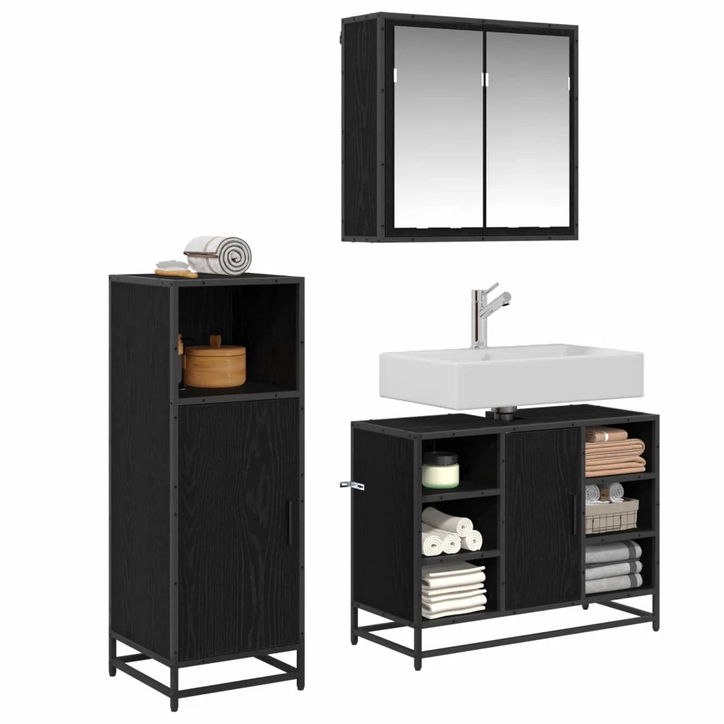 Set di mobili per il bagno 3 pcs Rovere Nero Legno multistrato