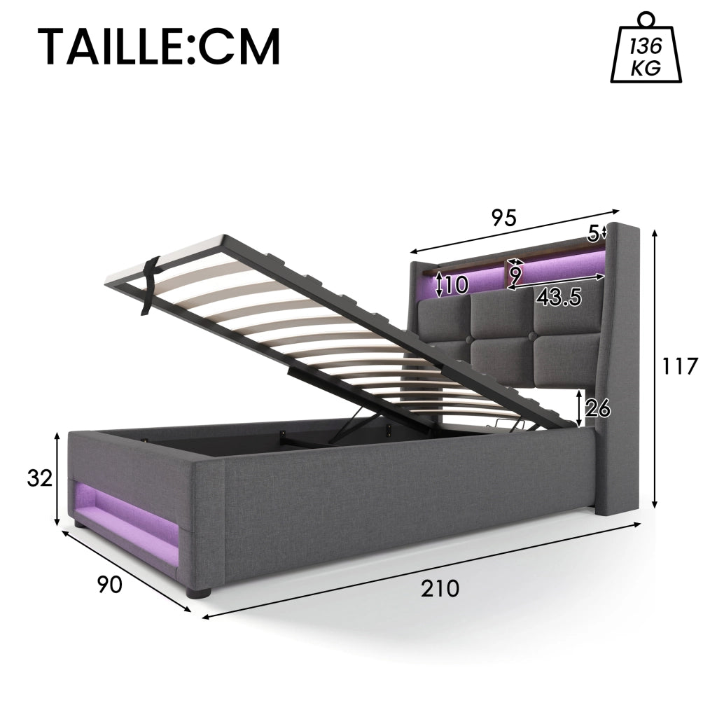 Letto Singolo 90 x 200 cm; Letto con Testiera Regolabile; senza Materasso; in Lino e Metallo; Grigio Beige