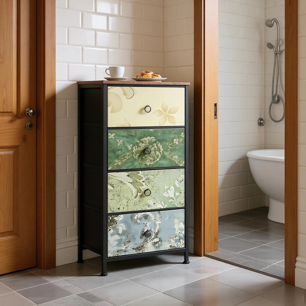 Cassettiera a 4 cassetti in metallo e legno, stile vintage, per ingresso e camera da letto, marrone, 45 × 30 × 94,5 cm