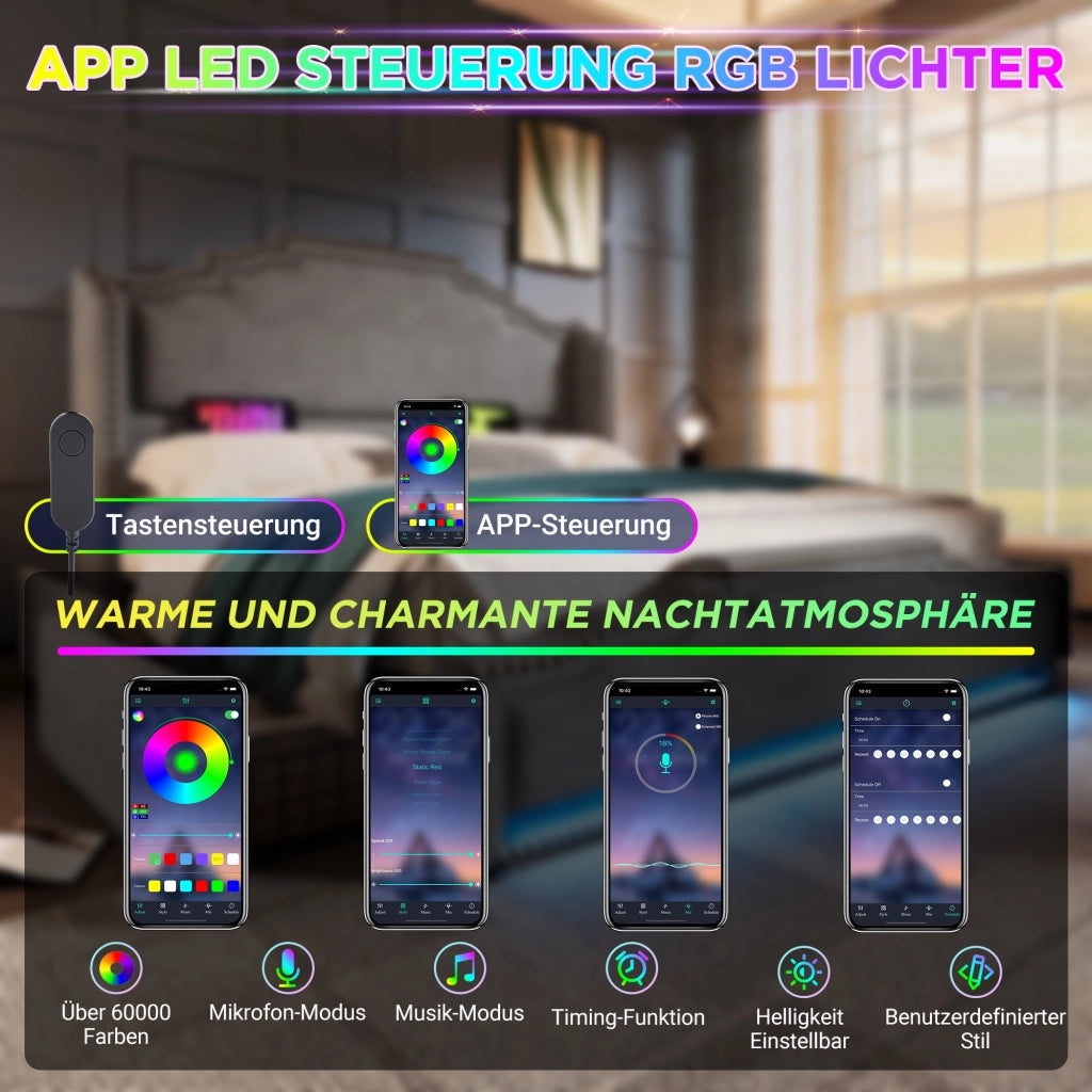 Letto matrimoniale in velluto grigio 180x200 4 cassetti LED USB-C doghe