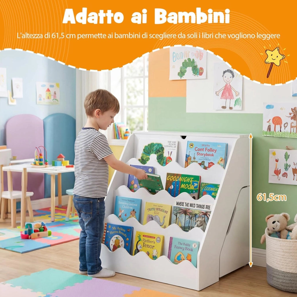 Libreria Montessoriana per Bambini 2in1, Scaffale per Libri a 4 Livelli con Carrello Portagiochi, Vano con Coperchio Ribaltabile, per Cameretta e Stanza dei Giochi, 63x49x61,5 cm (Bianco)