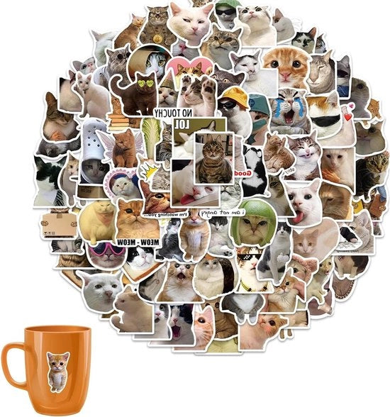 100 pezzi adesivi in PVC impermeabili - Per gli amanti dei gatti - Adatti per bottiglie di acqua, zaini, quaderni e telefoni - Gatti divertenti