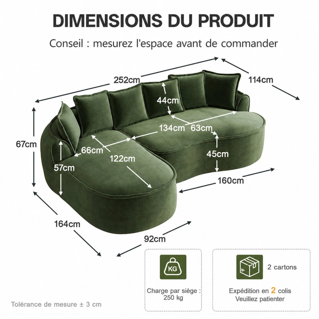 Divano modulare senza struttura in ciniglia con due moduli, seduta profonda, braccioli larghi e funzione letto verde