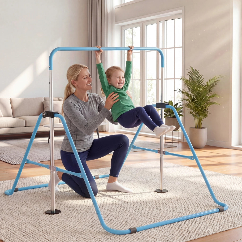 Barra ginnastica pieghevole per bambini con base antiscivolo e altezza regolabile, Barra orizzontale kip adatta per bambini da 3 a 12 anni Blu