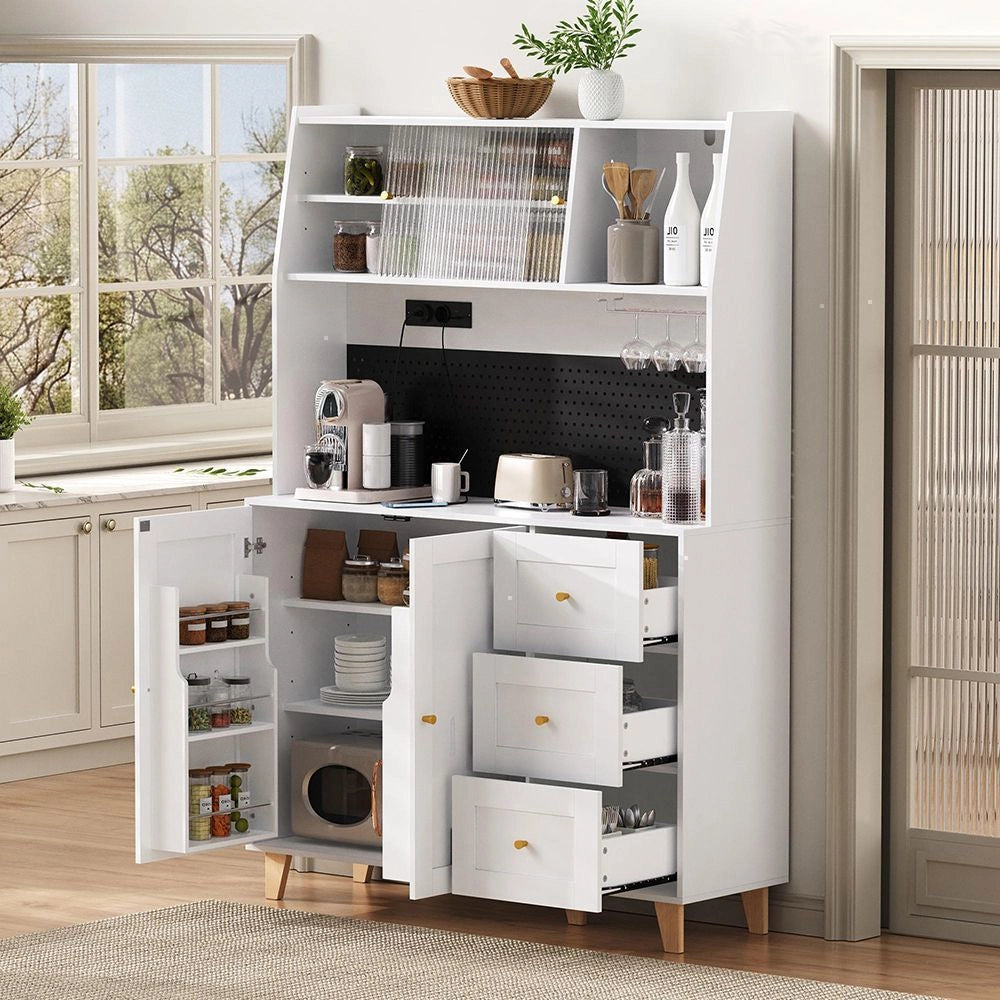 Armadio alto con prese elettriche e pannello perforato - Xylo - Porta-bicchieri da vino, cassetti, ideale per cucina e sala da pranzo (bianco)