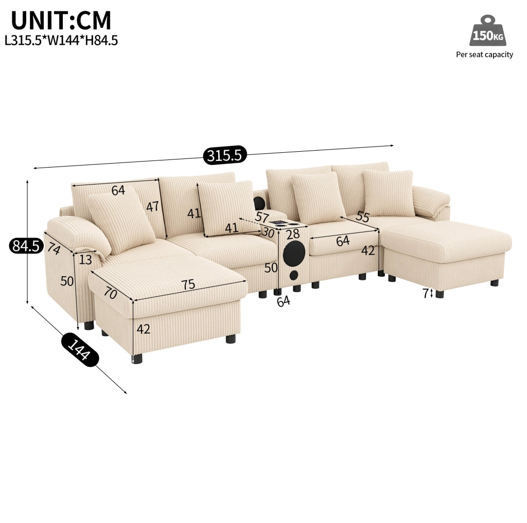 Divano modulare ULEVR 315,5x144 cm beige con console Bluetooth, ricarica wireless, USB/Type-C e portabevande