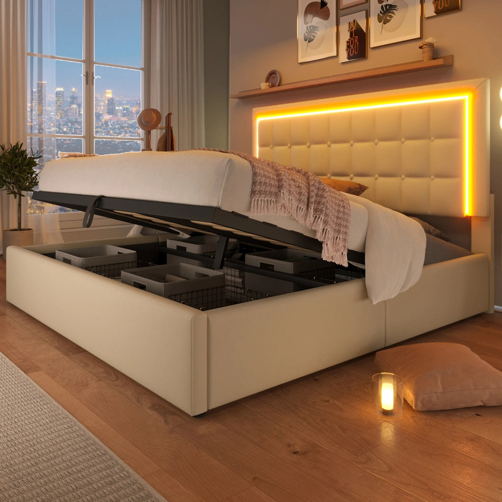 Letto matrimoniale 140x200 cm con rete a doghe, contenitore, LED, in PU bianco, senza materasso
