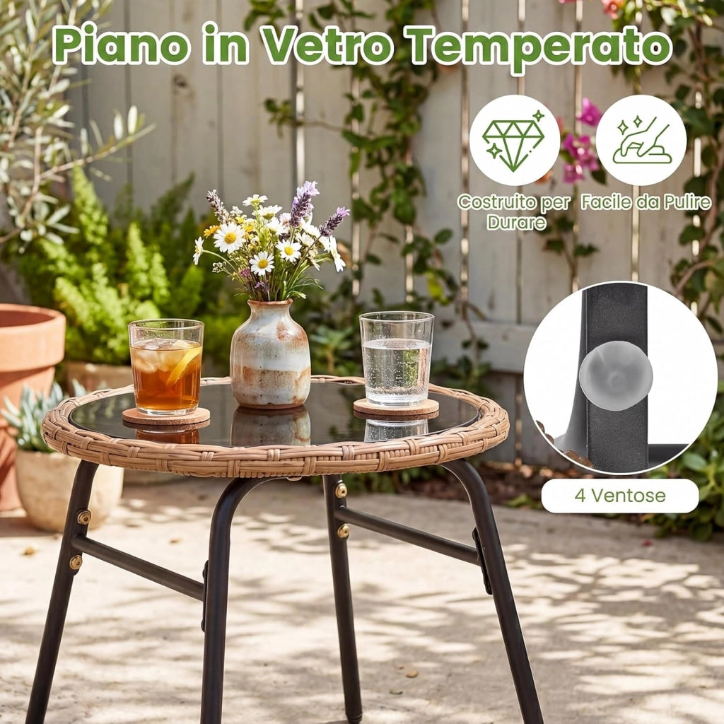 Salotto da Giardino per 2 Persone, Salottino in Rattan Include 2 Poltrone con Cuscini Imbottiti e Tavolino Rotondo con Piano in Vetro Temperato, Set da Esterno a 3 Pezzi per Balcone e Terrazza
