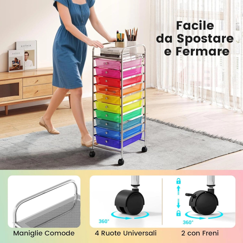 Carrello Portaoggetti con 10 Cassetti, Cassettiera con Ruote, Struttura in Metallo, Ruote Universali Bloccabili e Maniglia, Carrello Organizer per Casa, Ufficio (39 x 32 x 97 cm)