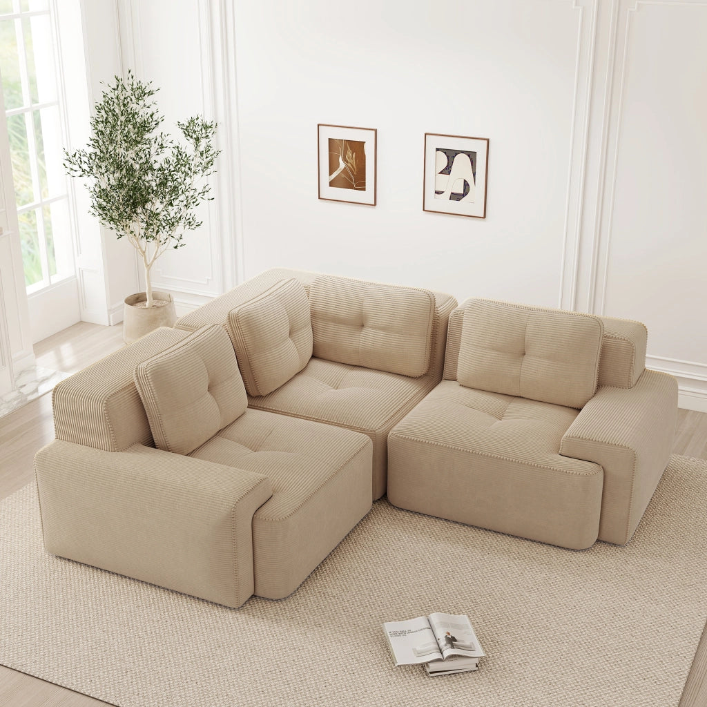 Divano angolare modulare in tessuto a coste beige 249x249x69 cm con seduta profonda