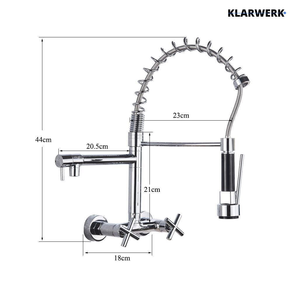 Björn | Herraje de pared para gastronomía argent brillante Grifo  cocina profesional de acero inoxidable con dos duchas|doble lavabo pared restaurante
