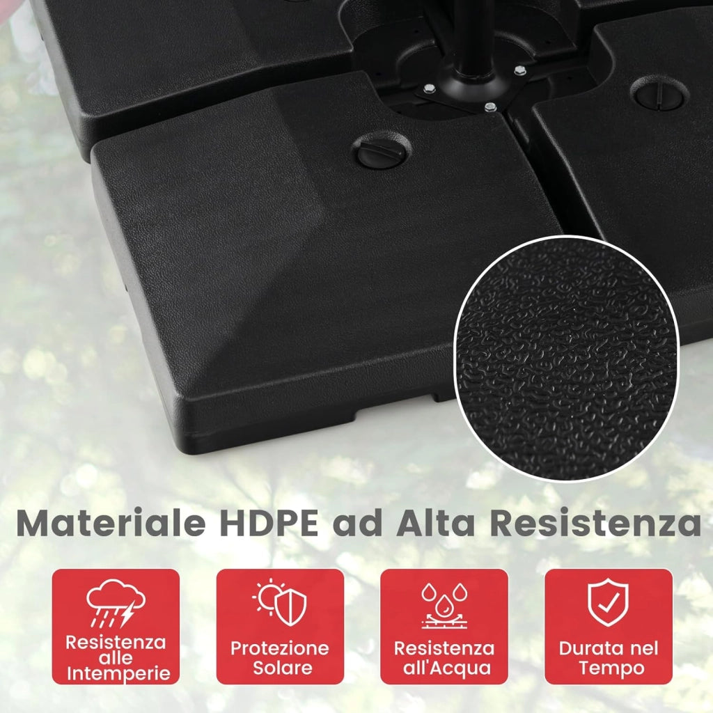 Base Ombrellone Riempibile a 4 Blocchi da 20 Litri, Base per Ombrellone Decentrato con Blocchi Riempibili di Acqua/Sabbia, Pesi per Ombrellone da Giardino Terrazzo Bordo Piscina, Fino 128 kg