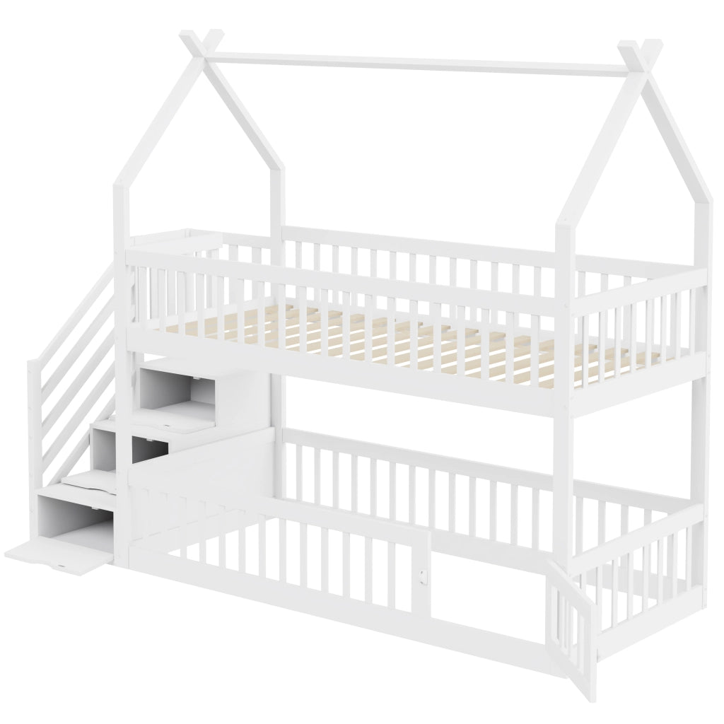 Letto a castello per bambini 90x200 cm in legno massiccio con tetto, scala con cassetti e letto inferiore multifunzionale