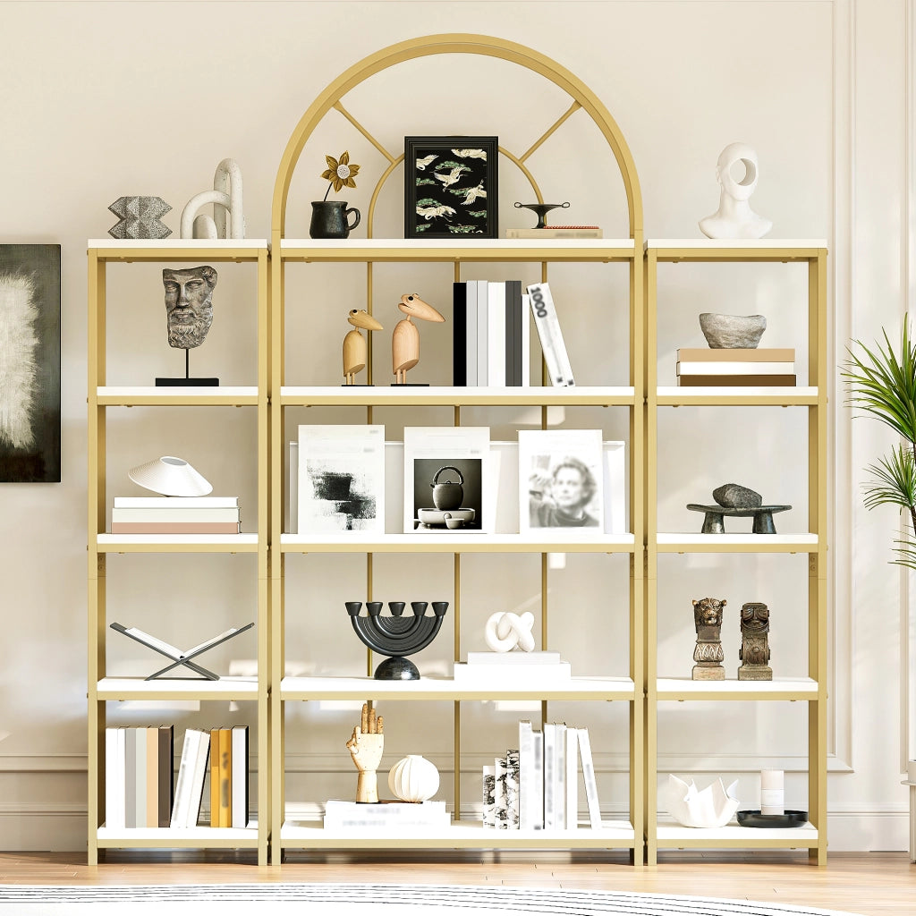 Scaffale modulare 3 pezzi 163×30×184 cm, struttura in metallo oro e MDF bianco, design ad arco