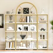 Scaffale modulare 3 pezzi 163×30×184 cm, struttura in metallo oro e MDF bianco, design ad arco