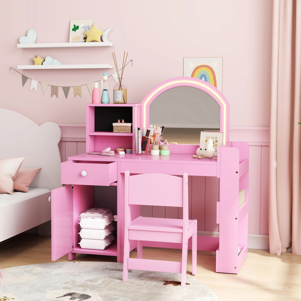 Cassettiera per Bambini con Specchio LED ¨C zephmum ¨C Rosa, Legno, 5 Ripiani