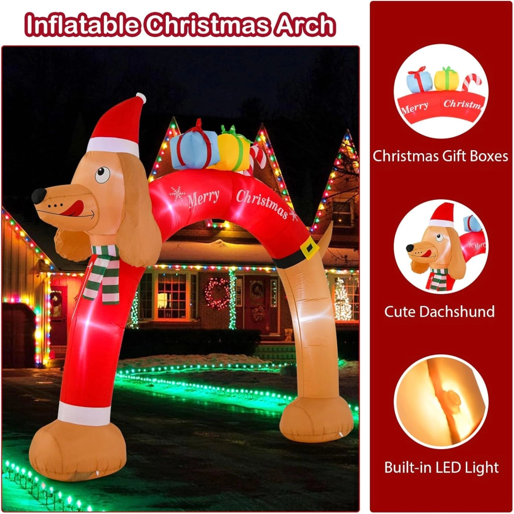 Decorazioni Natalizie, Arco Gonfiabile Natalizio con Cane 242 CM, 5 Luce LED, Soffiatore Incorporato, Addobbi Natalizi per Esterno Interno per Casa, Giardino, Cortile