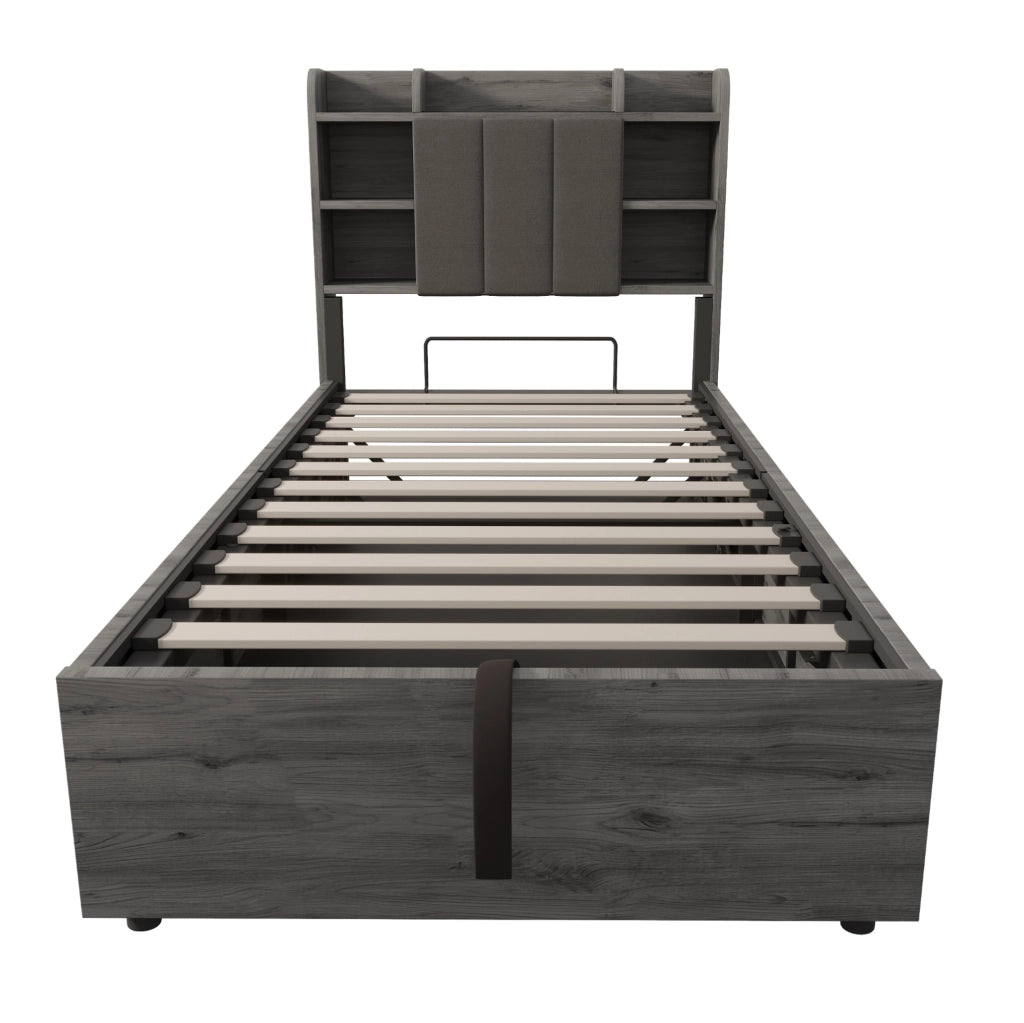 Letto singolo 90x200 cm con contenitore idraulico, USB e USB-C in MDF e compensato grigio