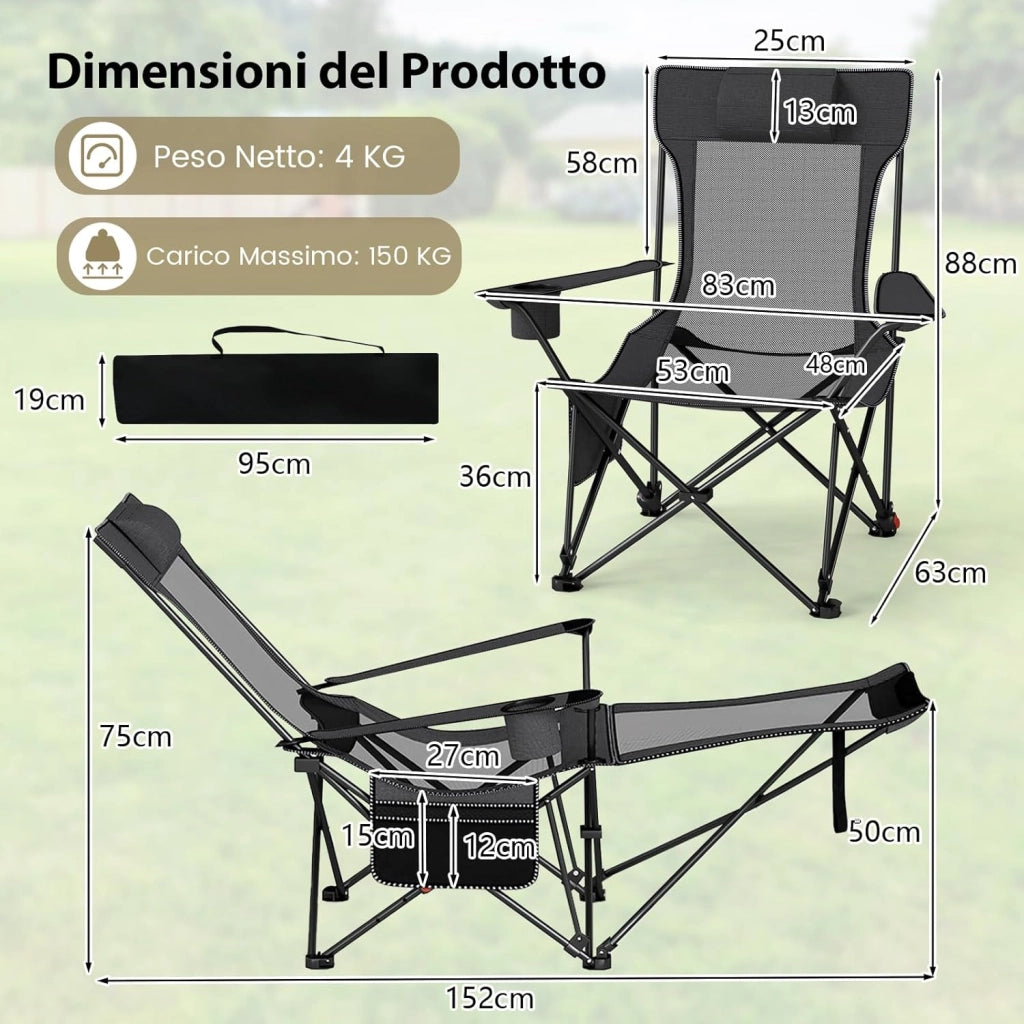 Sedia da Campeggio con Poggiapiedi Rimovibile, Poltrona Pieghevole con Schinale Reclinabile, Braccioli e Portabicchieri, Portata 150 kg, Sdraio in Testtuto Oxford per Giardino Spiaggia(Grigio)