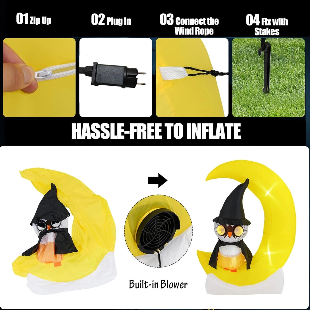 Decorazione Halloween, gufo decorativo con luna gonfiabile, 130 x 60 x 155 cm, 3 luci a LED e 2 grandi luci lampeggianti, soffietto incluso, decorazione per Halloween all'aperto e interni