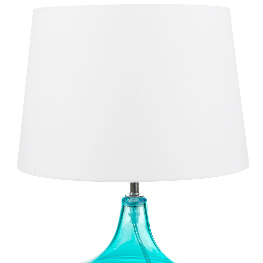 Lampada da Tavolo Turchese e Bianco con Base in Vetro Trasparente Paralume Tamburo in Poliestere Design Moderno