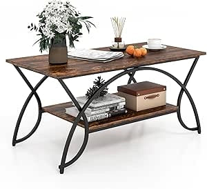 Tavolino da Caffè da Salotto, Tavolino Rettangolare a 2 Livelli con Struttura in Metallo, Tavolino Elegante e Moderno per Studio, Ufficio e Soggiorno, 100 x 50 x 45 cm (marrone e nero)