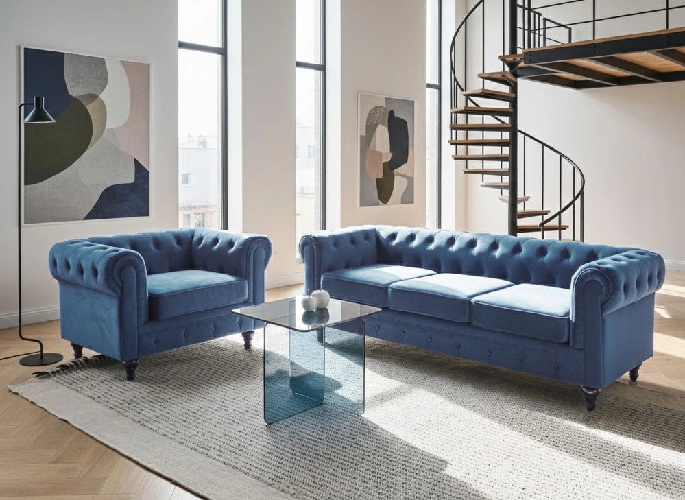 Chesterfield Soggiorno Set Rivestimento in Tessuto Velluto Blu Gambe in Legno Scuro Divano a 3 Posti + Poltrona Contemporanea
