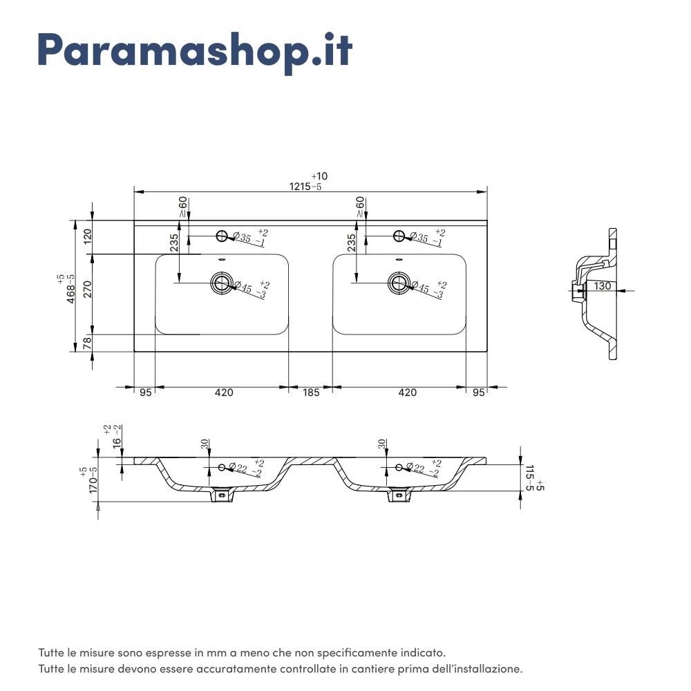 Mobile bagno sospeso 120cm con lavabo doppia vasca in ceramica blu pastello opaco | Darwin