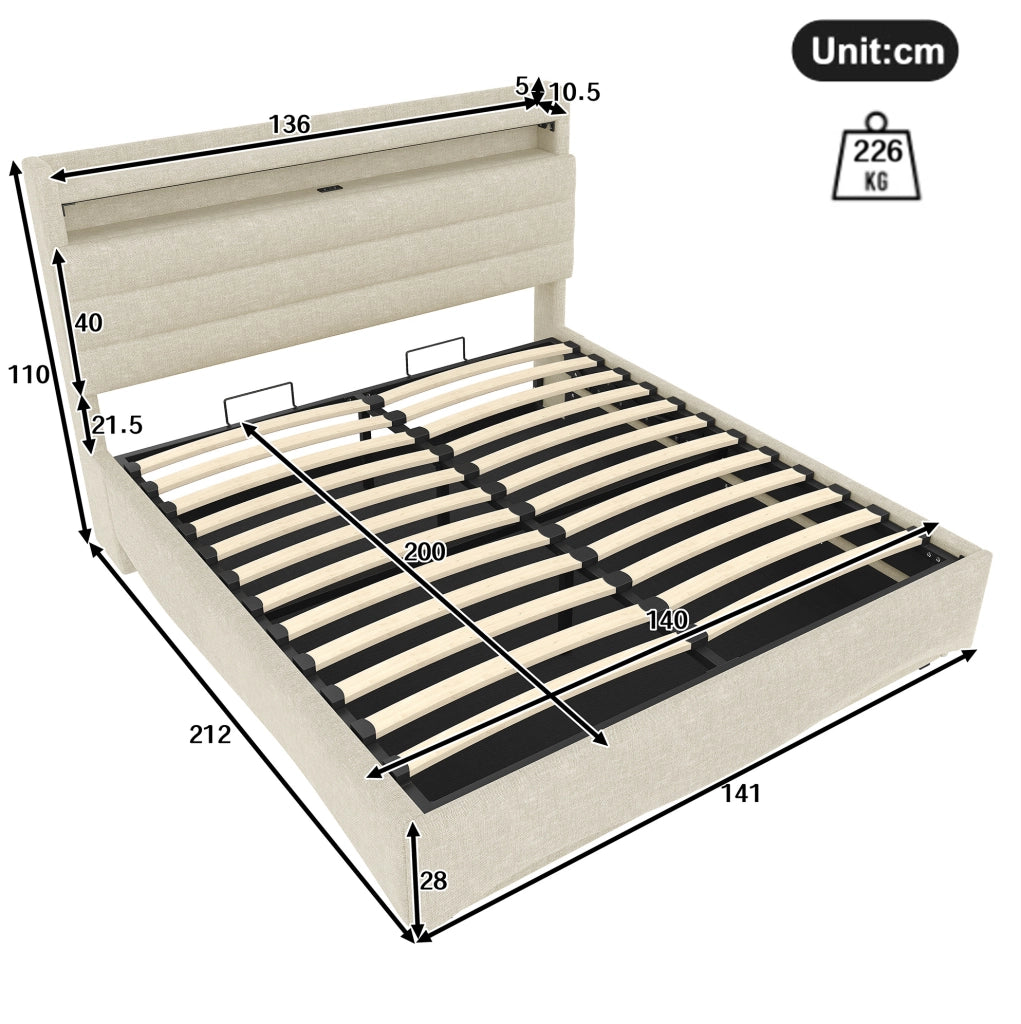 Letto imbottito ULEVR 140x200 cm beige con contenitore idraulico, LED, USB e Type-C in lino