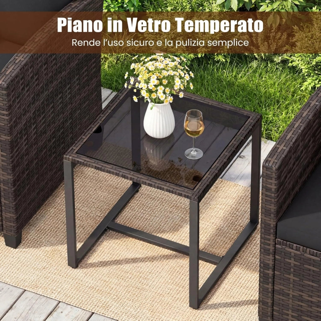 Set Mobili da Giardino 3 Pezzi, Salotto da Esterno in Rattan PE con 2 Poltrone e 1 Tavolino in Vetro Temperato, Set da Conversazione con Cuscini Sfoderabili per Patio (Nero, Modello 5)