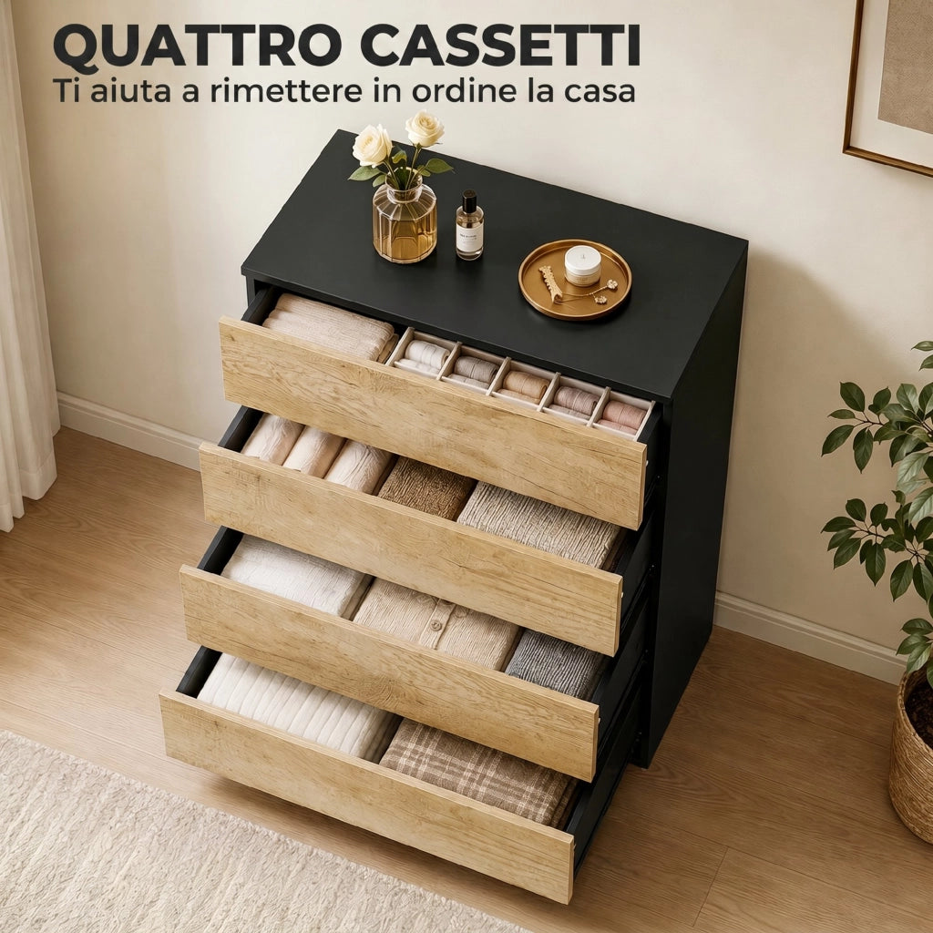 Cassettiera 4 Cassetti 60x40x80 cm con Guide in Metallo e Maniglie Scanalate in Legno Nero e Rovere