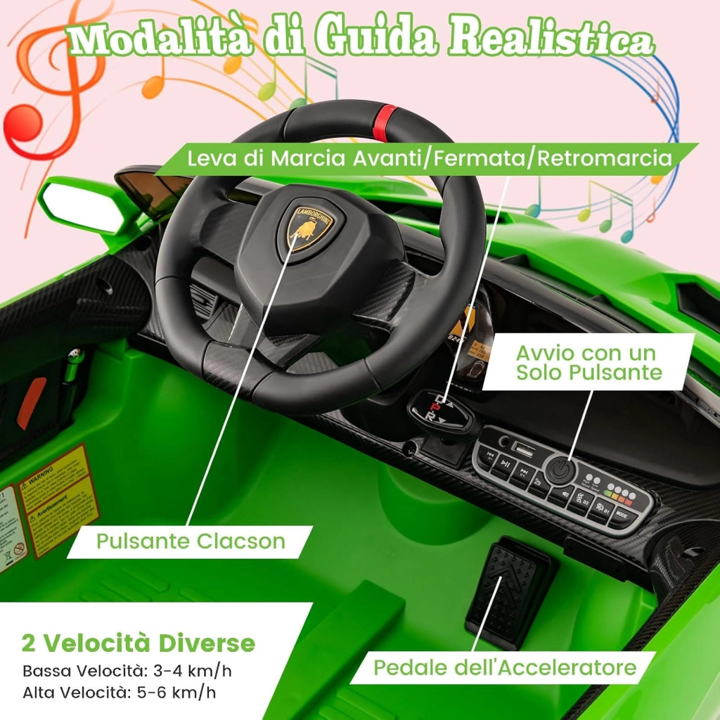 Lamborghini Macchina Elettrica per Bambini, Auto Elettrica Cavalcabile con Telecomando Luci LED, 3 Velocità, 3-6 km/h, per Bambini 3-8 Anni (Verde)