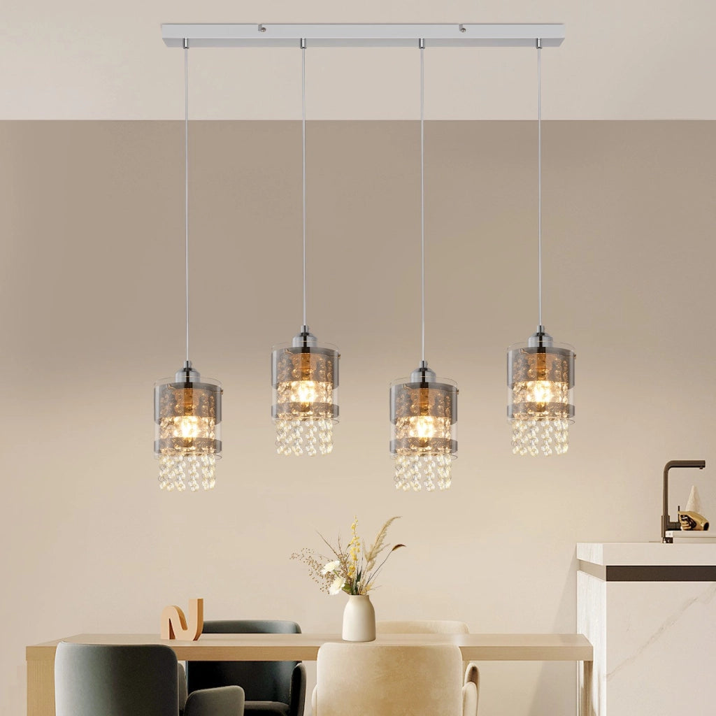 Lampada a Sospensione ZMH Moderna con Cristalli 4 Luci Regolabile Vetro per Sala da Pranzo Senza Lampadina 150cm