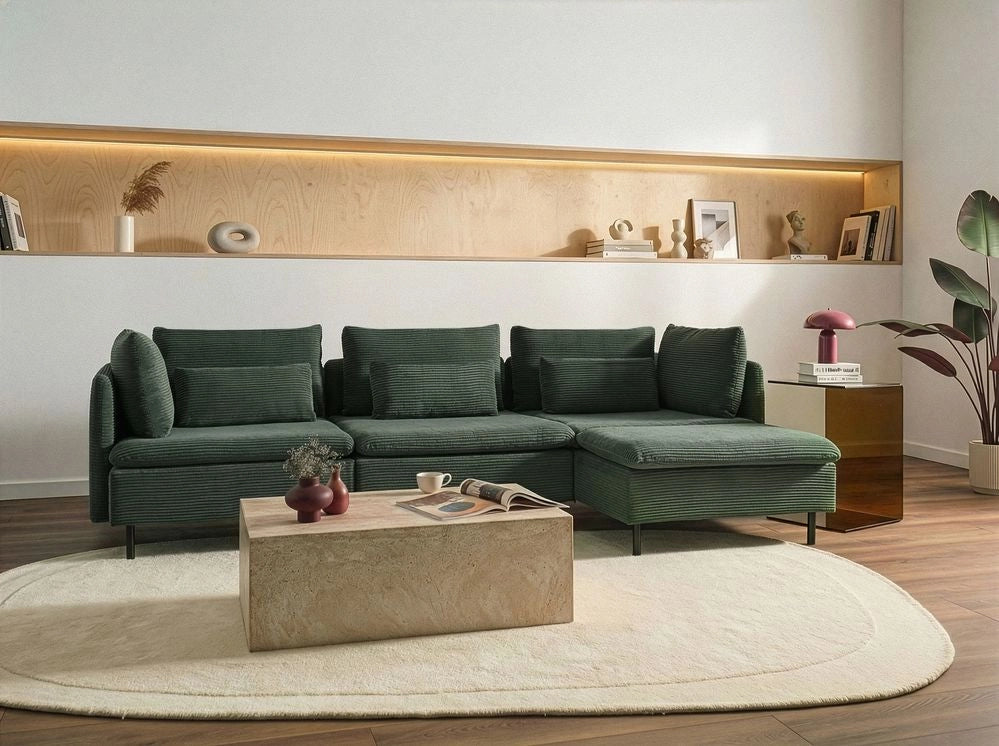 Divano componibile a 3 posti con angolo a sinistra in velluto a coste verde design moderno