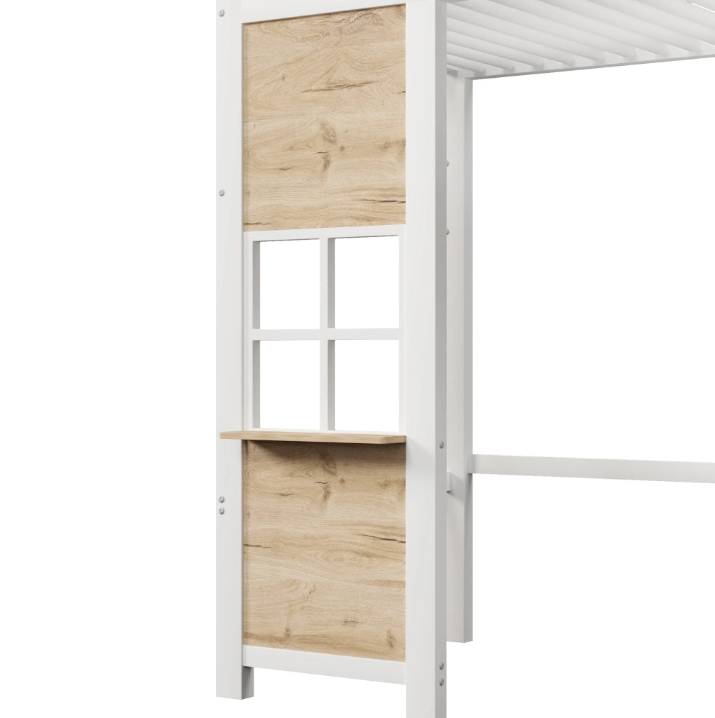 Letto a soppalco 90x200 cm in MDF e metallo; bianco; con scala contenitore e area gioco